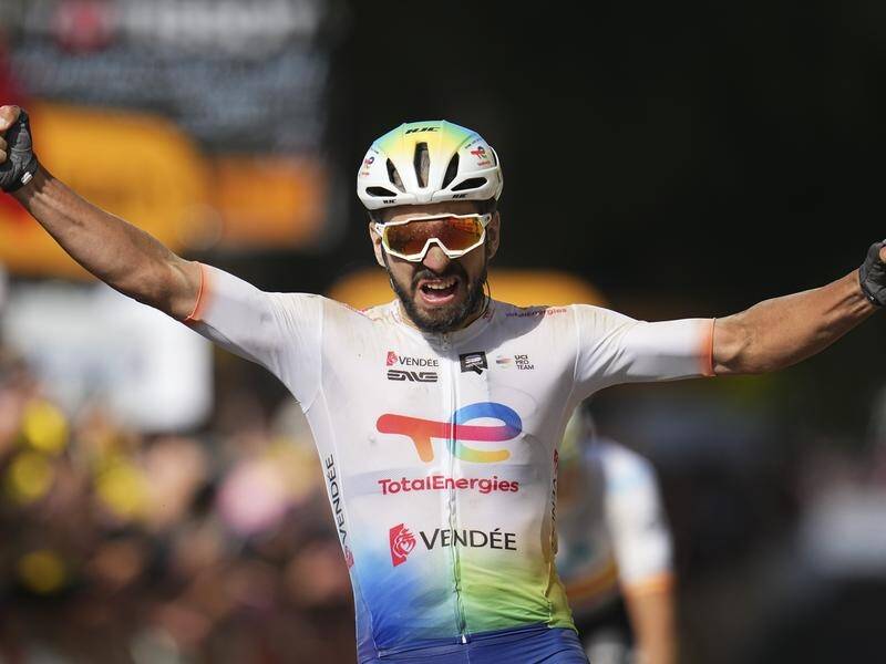 France's Anthony Turgis crosses the finish line to win the ninth stage of the Tour de France. (AP PHOTO)