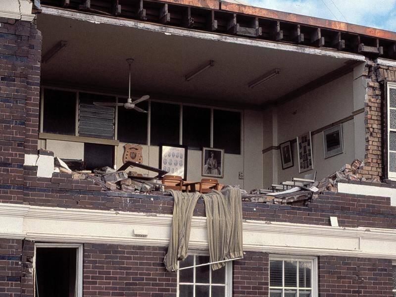 Damage to a building following the Newcastle earthquake on December 28, 1989.