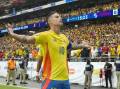Colombia's James Rodriguez celebrates his goal in a 5-0 hammering of Panama at the Copa America. (AP PHOTO)