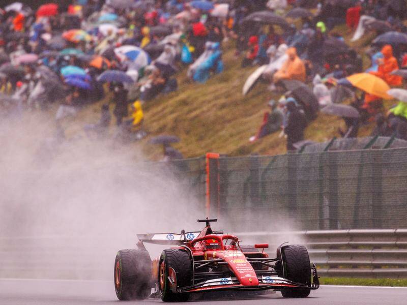 Ferrari's Charles Leclerc splashes his way through qualifying at the Belgian Grand Prix. Photo: EPA PHOTO