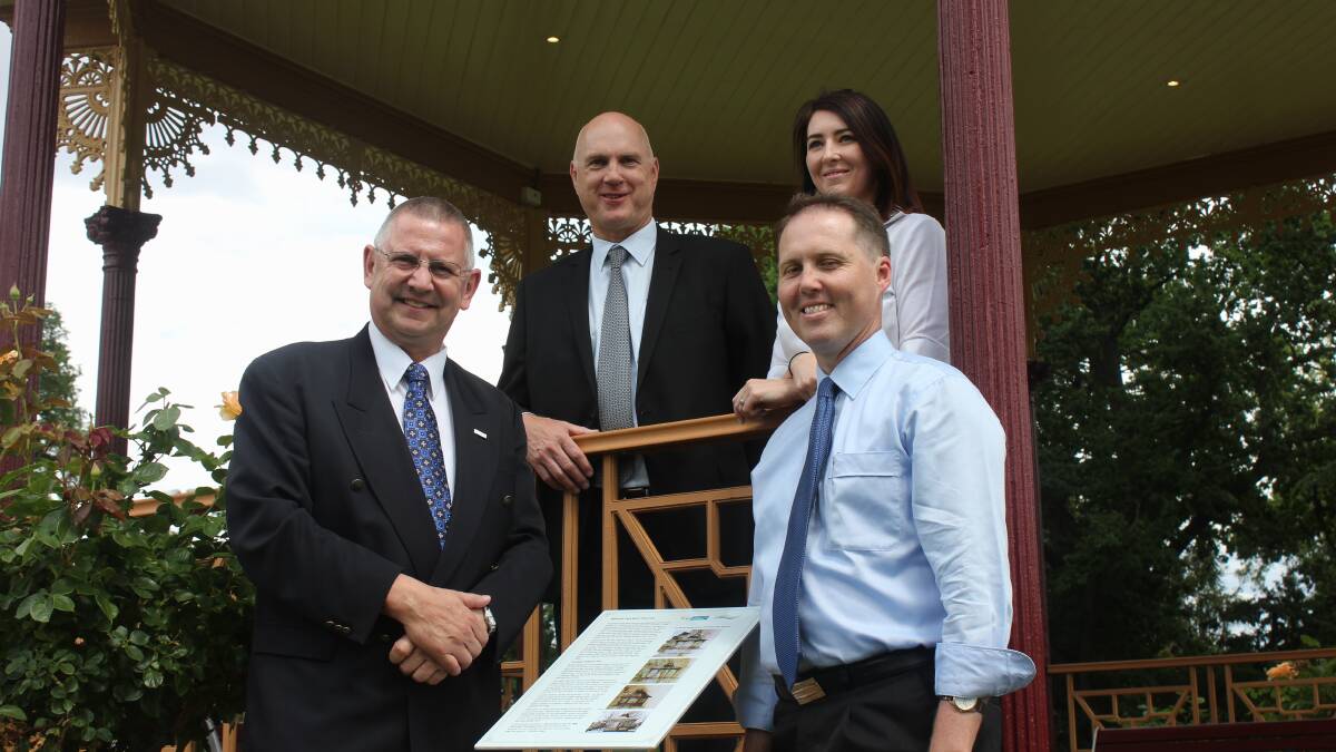 GOOD NEWS STORY: Mayor Geoff Kettle, IMB regional manager Paul Elliott, Goulburn branch manager Prue Hazelton and Councillor Robin Saville at this month’s unveiling of the restored Belmore Park Rotunda. Photo: Gerard Walsh.