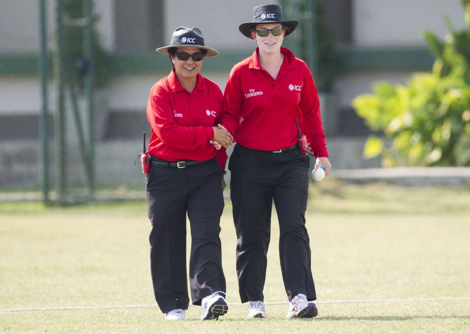 GROUND BREAKERS: ICC World Twenty 20’s first female umpires, New Zealand’s Kathy Cross and Goulburn’s Claire Polosak, at the WT20 qualifiers in Thailand in November. Photo by Ian Jacobs.