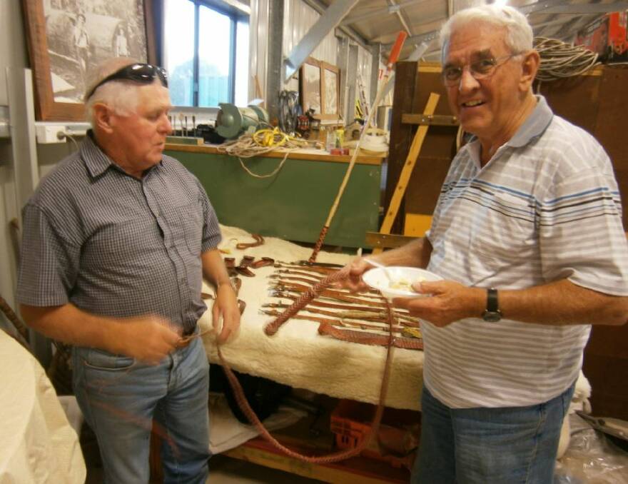 Timber and metal are the main ingredients of the work undertaken by members of the Crookwell Men’s Shed – but some unexpected variety is added by Martin Creagan with his remarkable skills in hand-worked leather products. Here Martin explains the process to Rotarian Bill Rogerson. Men’s Shed President Ron Brown described Martin as “the State’s top leather man – perhaps the country’s” – and from the examples of his work, Ron could be right.