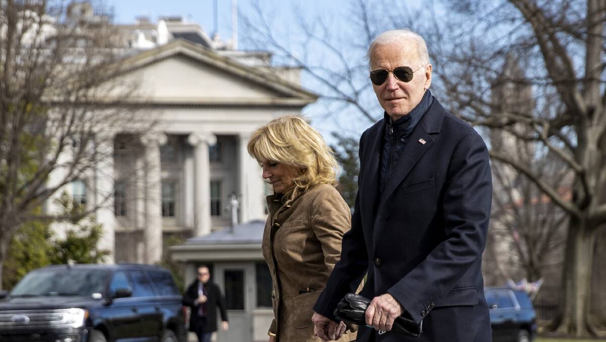 US First lady Jill Biden and President Joe Biden walk on the South Lawn of the White House on March 13 in Washington, D.C. The President and first lady spent the weekend at Camp David. Picture: Getty Images