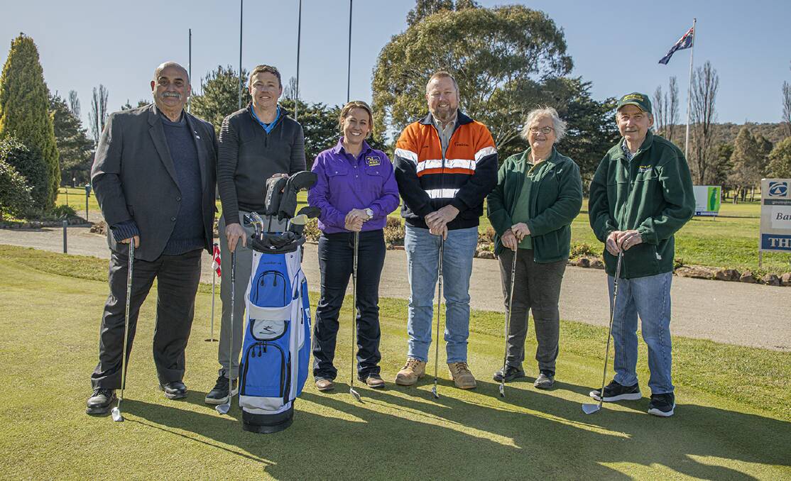 Goulburn Mulwaree mayor Peter Walker with Goulburn Golf Club professional Andrew Grove, Jo Grove from Riding for the Disabled Australia, the Quarry Manager of Lynwood Quarry, Holcim Australia Wayne Beattie and Ruth Doggett and Ian McMurdo from Can Assist Goulburn. Photo supplied. 