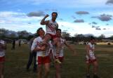 Aaron Skelly being chaired off after his 50 game milestone. Pictures by Burney Wong. 