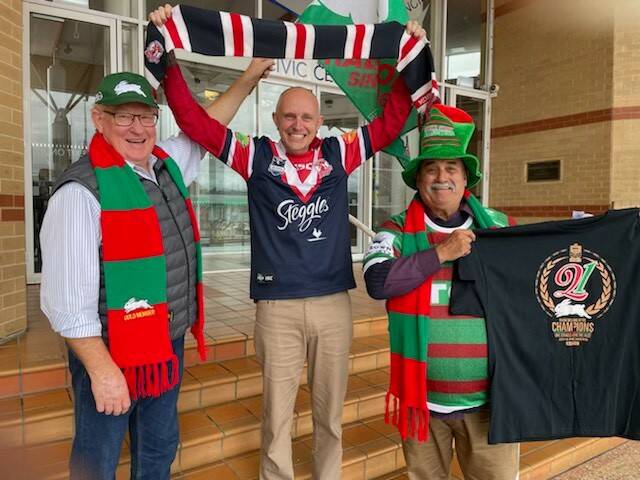 Goulburn Mulwaree councillors Bob Kirk, Daniel Strickland and Peter Walker supporting the NRL side before the elimination final. Photo supplied. 