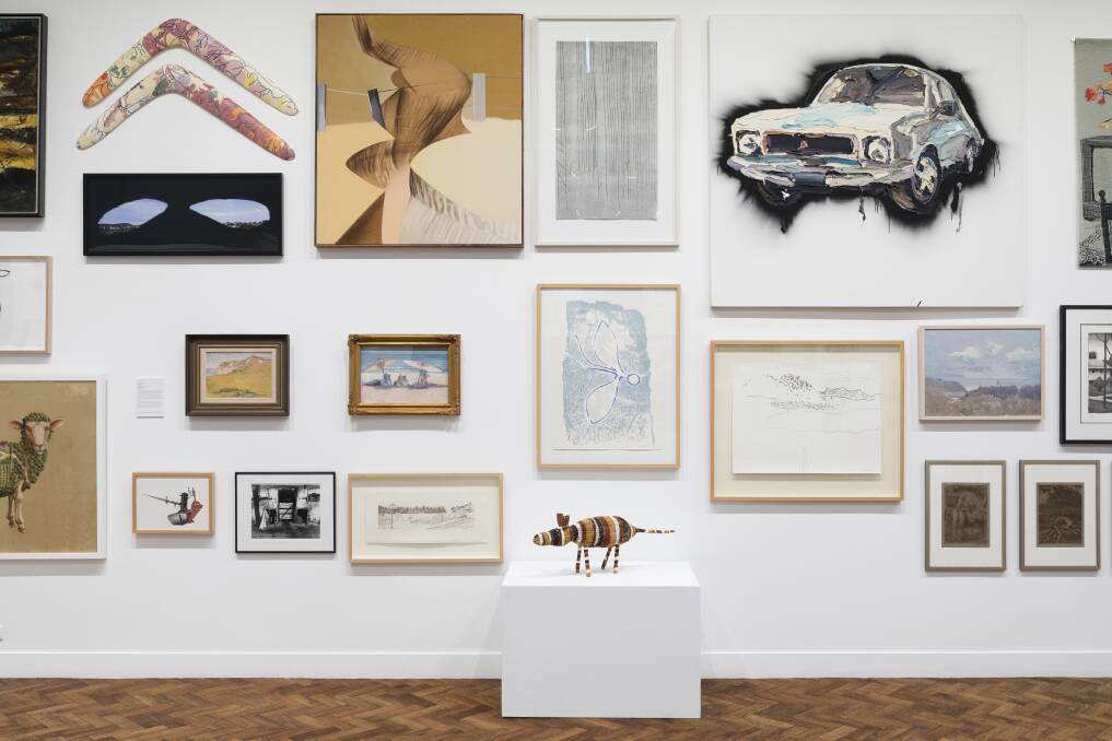 Installation view of the previous collection exhibition Goulburn Bustle featuring works by
artists Danie Mellor, Katthy Cavaliere, Merrick Fry, Roy de Maistre, Dale Cox, Stephen
Hartup, Selina Brian, Kathy Orton, Guy Warren, G.W. Bot, Ben Quilty, Arthur Boyd and
more. Picture by Silversalt Photography.
