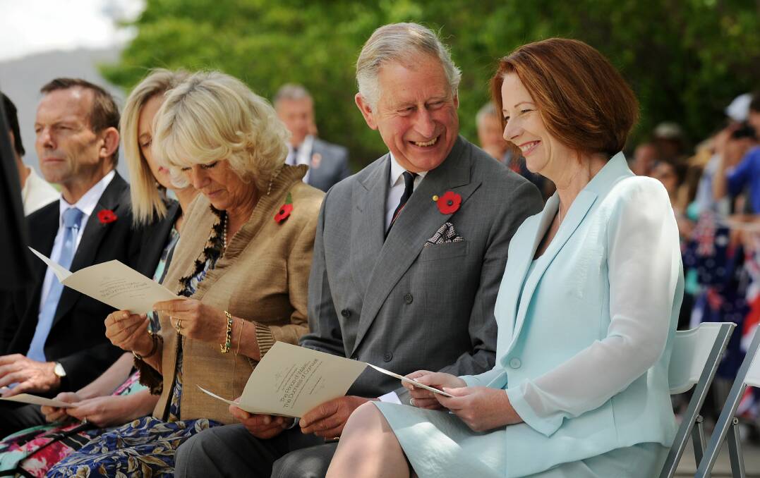 The then Prince of Wales and Duchess of Cornwell with PM Julia Gillard unveiling the newly named Queen Elizabeth Terrace in Canberra as part of Jubilee commemorations in 2012. Picture by Colleen Petch