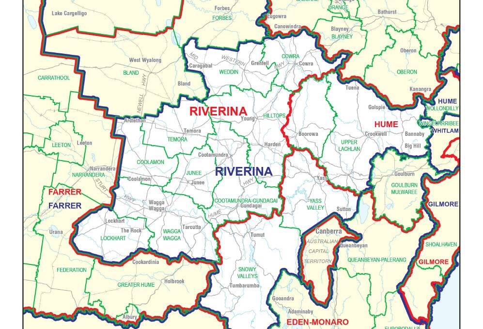 The proposed new boundary for the electorate of Riverina shown in blue. Picture by AEC