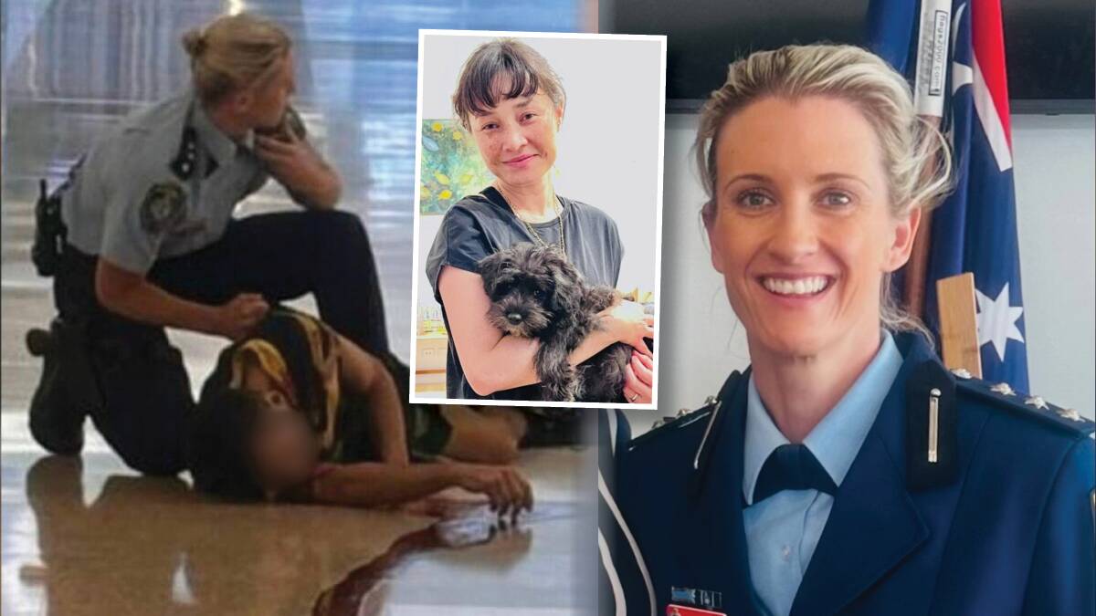 NSW Police Inspector Amy Scott (right) and (on left) with the attacker in Bondi Junction Westfield on April 13, 2024, and (inset) Wollongong raised Jade Young who was killed in the attack. Picture via Twitter, supplied