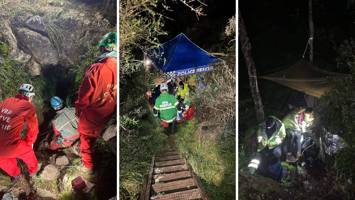 Emergency crews at Bungonia Caves and (far right) Budderoo National Park during two separate rescues on June 1 and June 2, 2024. Pictures VRA Rescue NSW - Cave Rescue Squad, Illawarra Police Rescue Squad